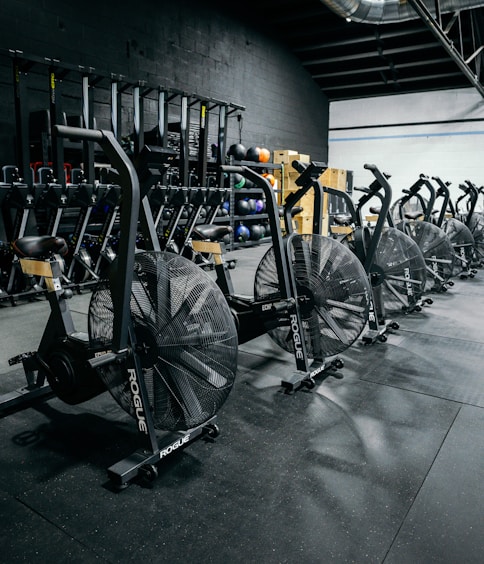 a group of bicycles in a garage