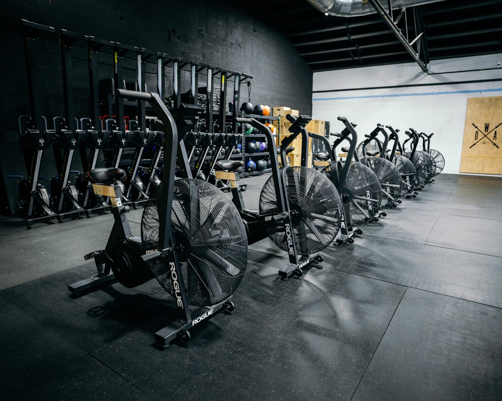 a group of bicycles in a garage