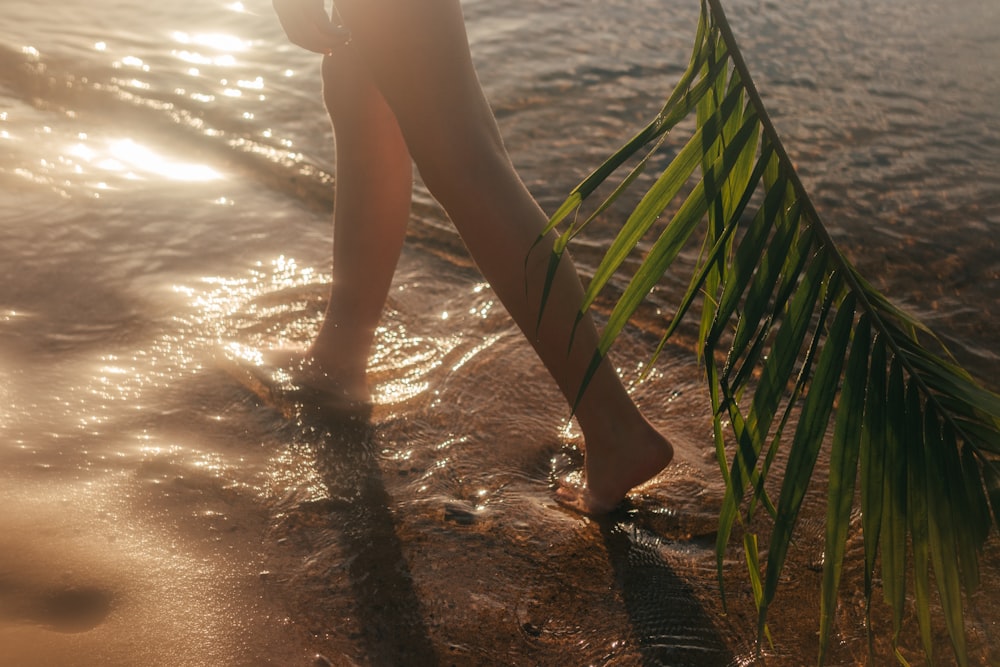 a person's legs in a swimsuit holding a green tube