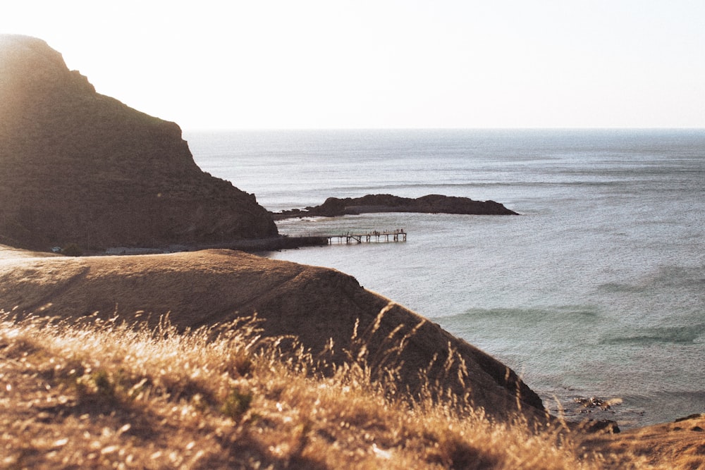 a beach with a pier and a body of water