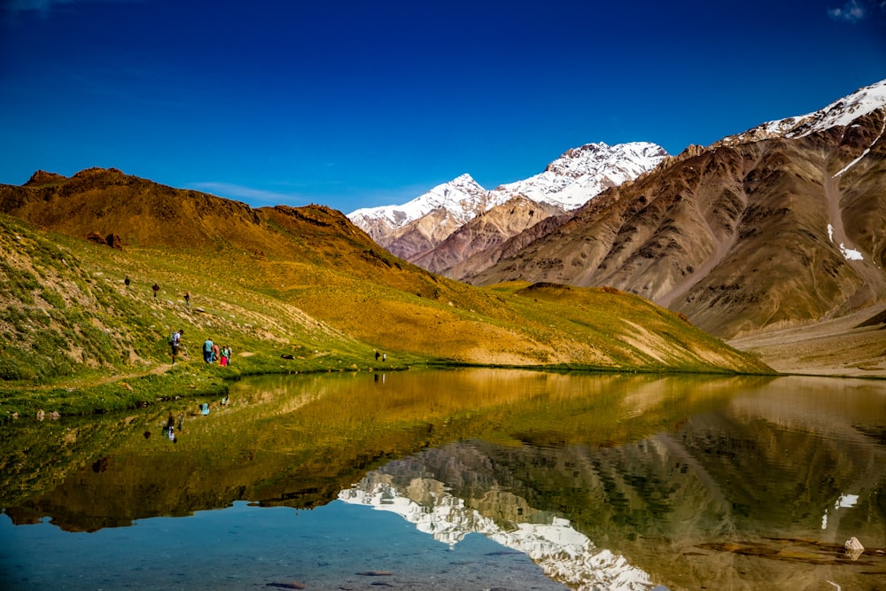 a lake surrounded by mountains and snow