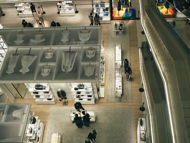 high angle view of people in a building