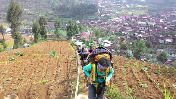 A group of hikers is ascending a narrow dirt path through cultivated fields on a hillside. The terrain is marked with rows of crops, and the background reveals a village with houses and a green, hilly landscape. The hikers are carrying backpacks and appear to be moving uphill.