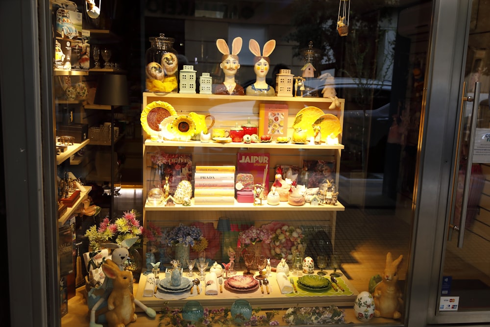 a display case with various items