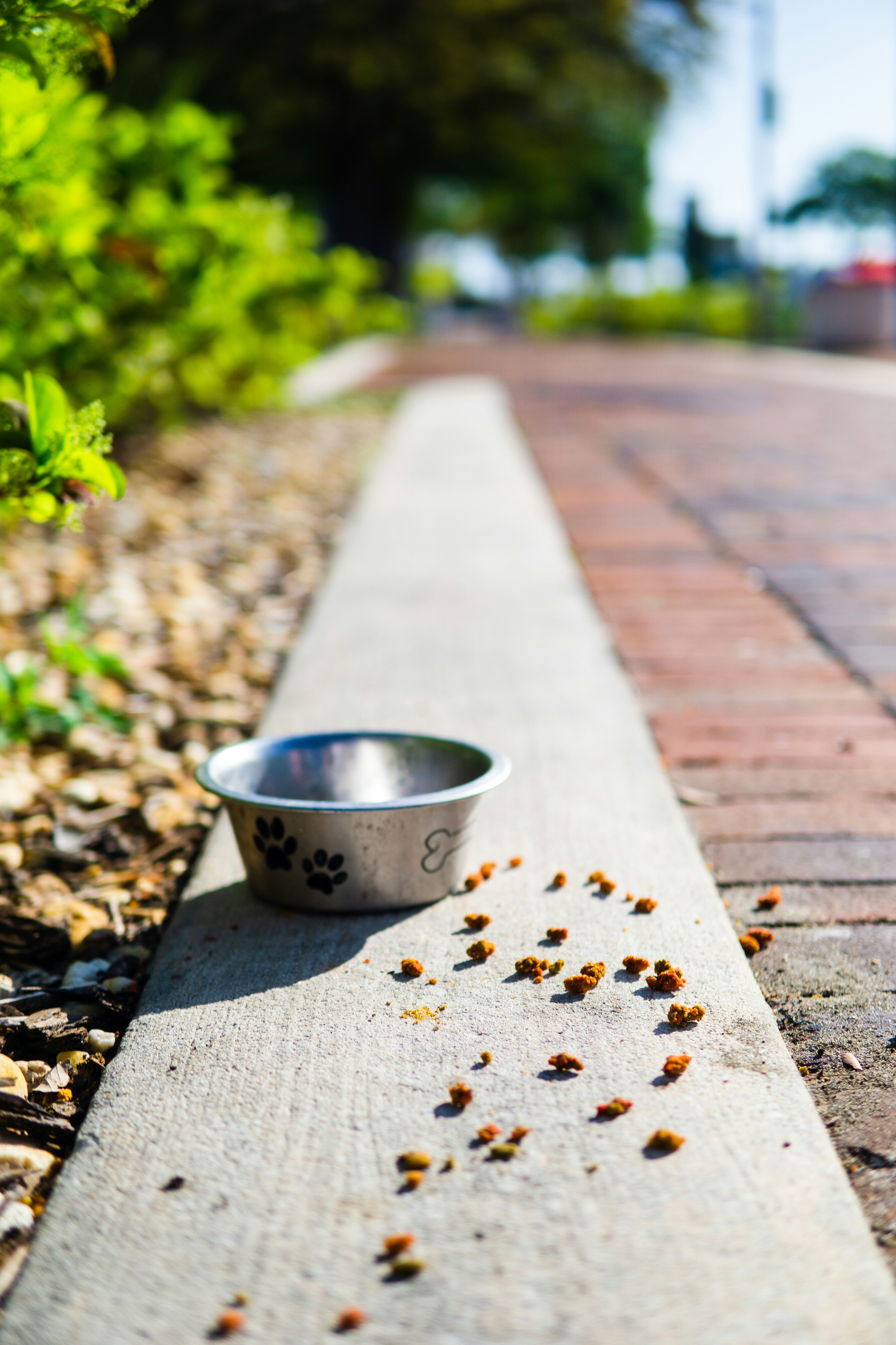 a metal bowl on a stone surface