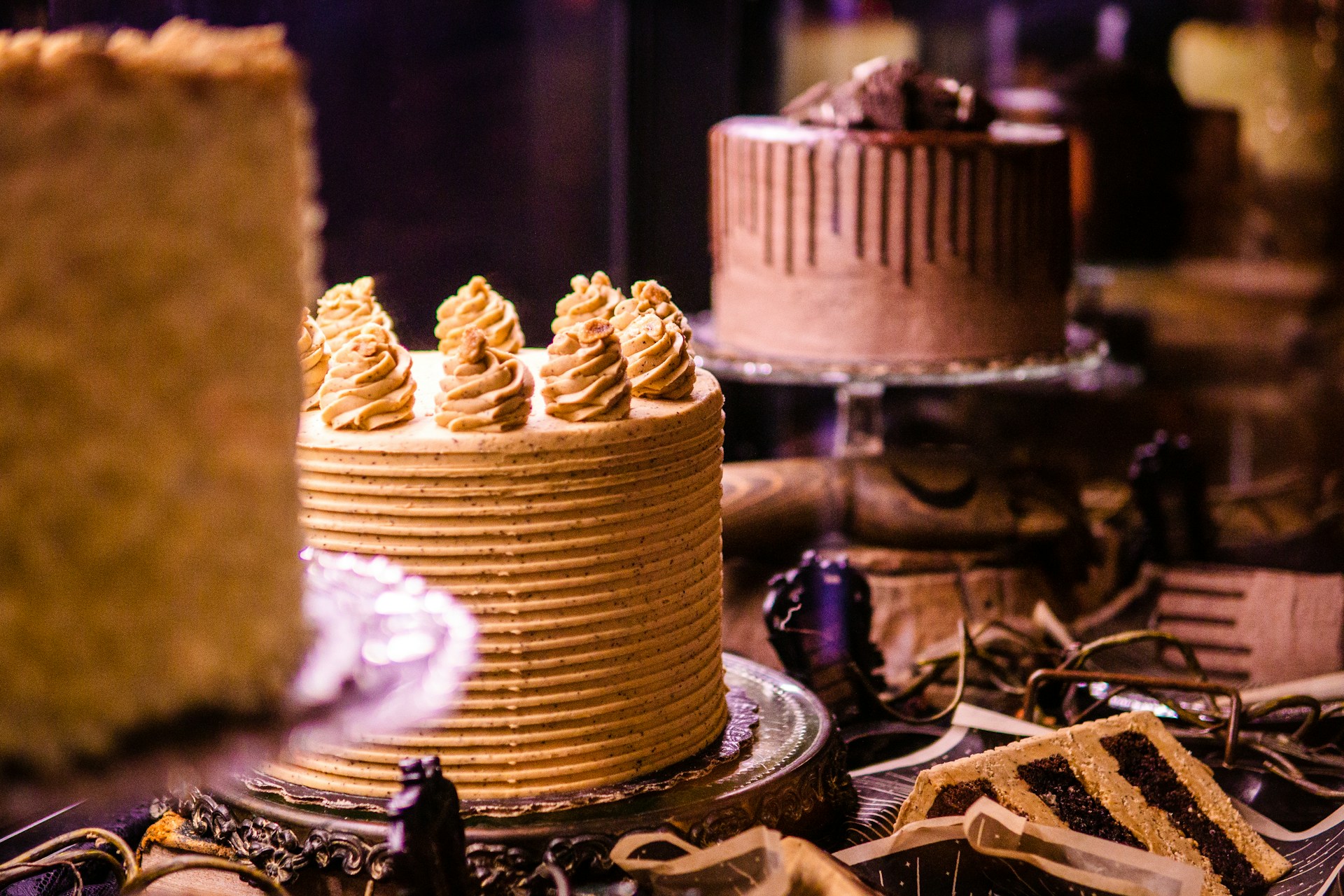 a couple of cakes sit on a table