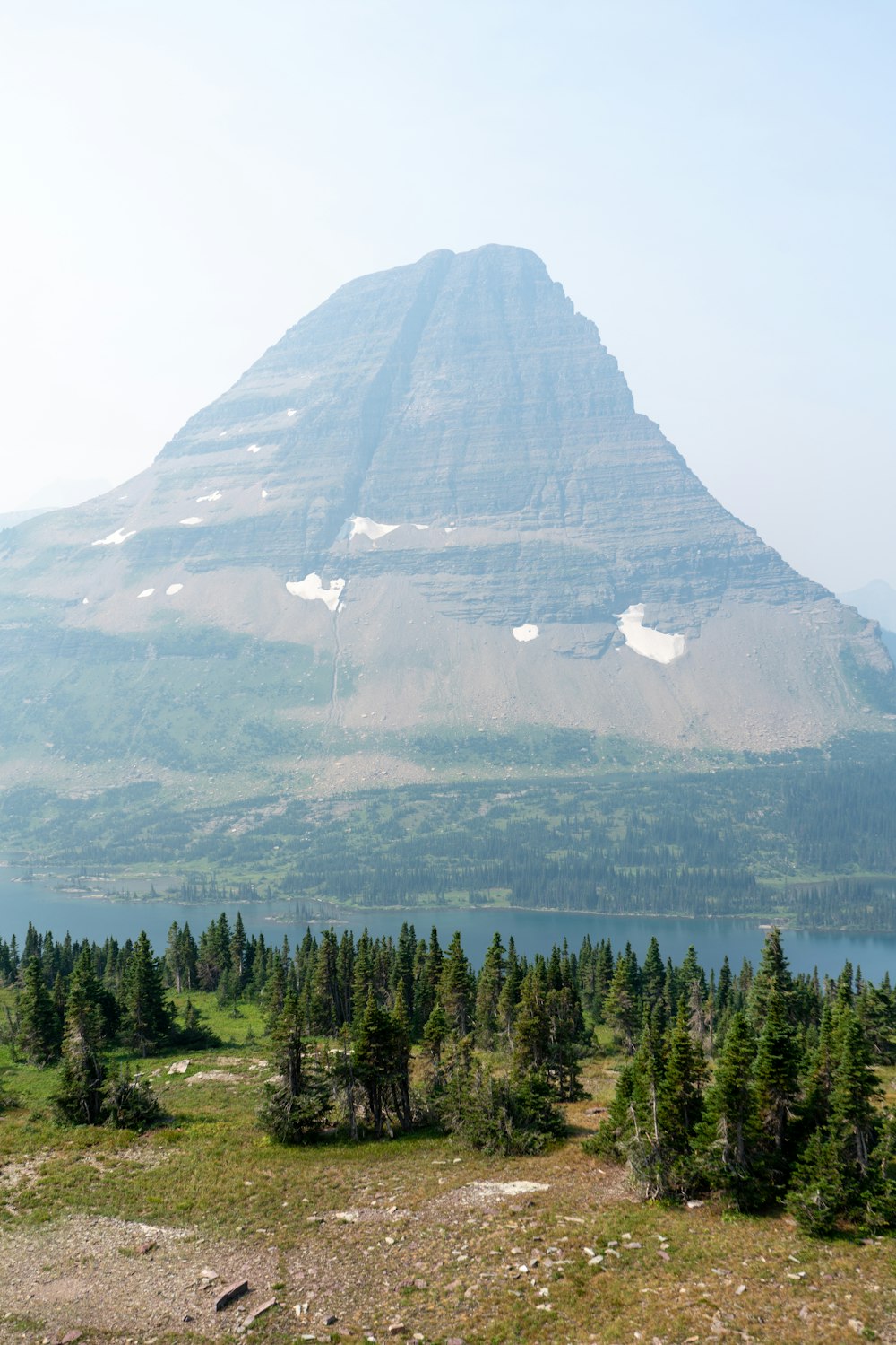 a mountain with trees below