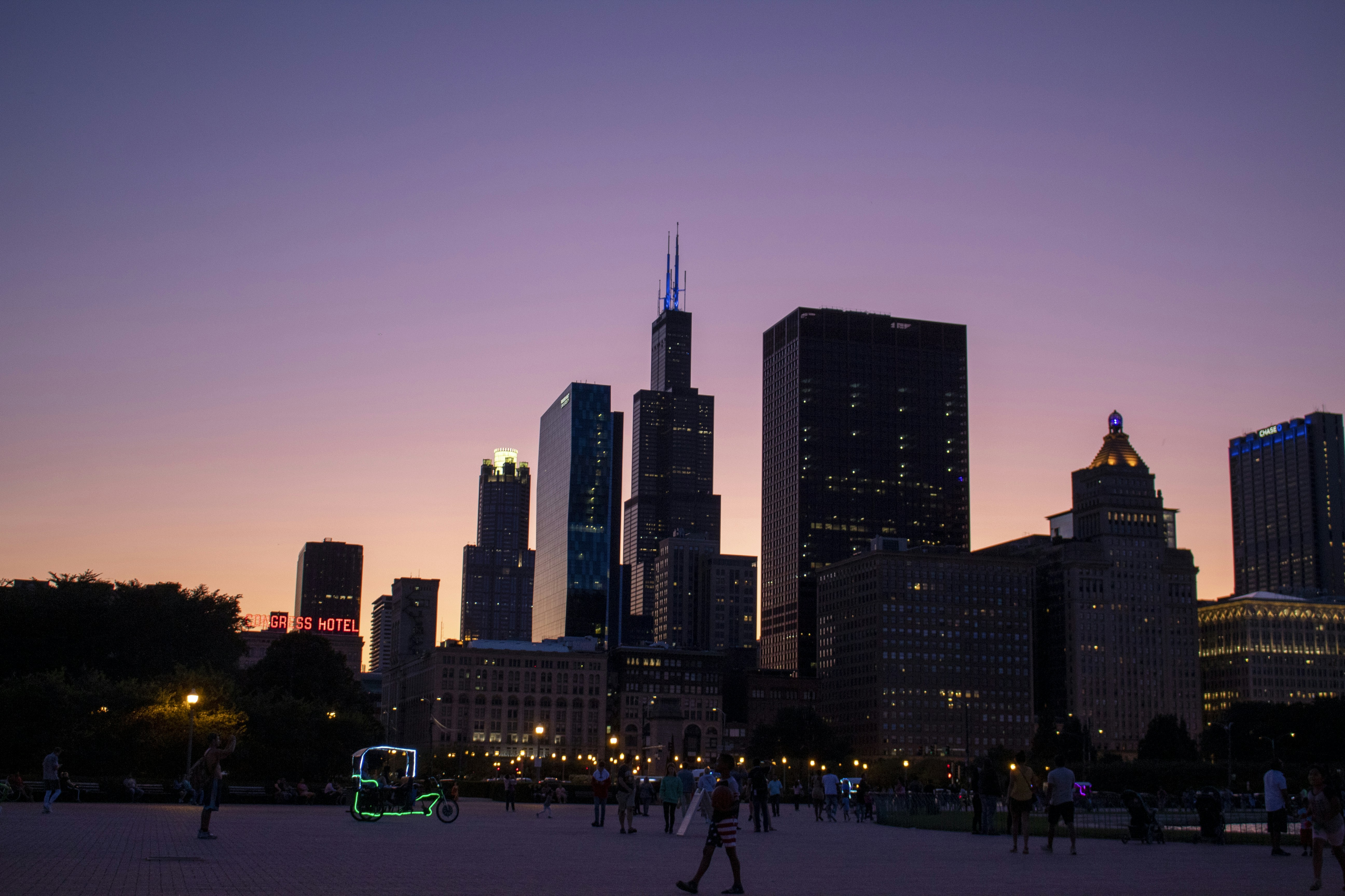 a city skyline at sunset