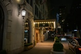 A dimly lit street at night with an elegant hotel entrance. The building features ornate architecture with decorative light fixtures illuminating the sidewalk. A series of potted plants line the pathway leading to the entrance, which is adorned with glowing marquee lights. Several cars are parked along the street, and there is a subtle urban skyline in the background.