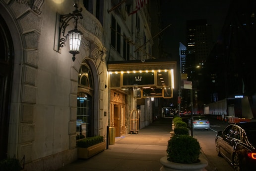 A dimly lit street at night with an elegant hotel entrance. The building features ornate architecture with decorative light fixtures illuminating the sidewalk. A series of potted plants line the pathway leading to the entrance, which is adorned with glowing marquee lights. Several cars are parked along the street, and there is a subtle urban skyline in the background.