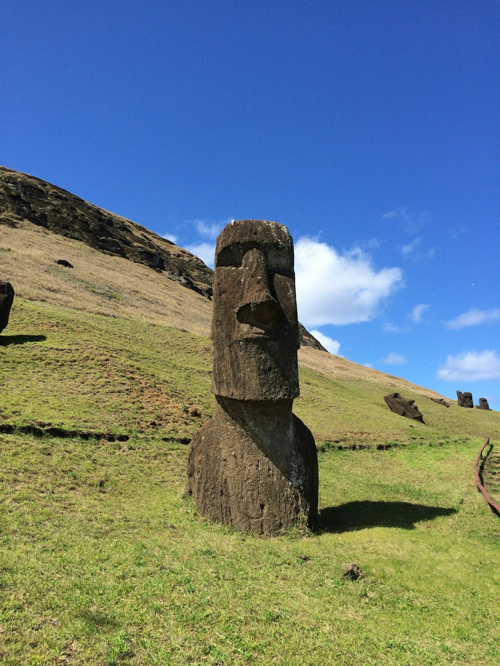a rock on a grassy hill with Easter Island in the background