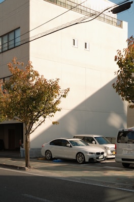 Business car rental office with cars lined up outside during daylight.