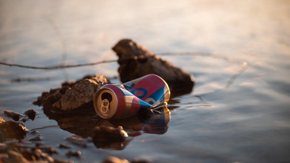 a bottle of soda on a rock in the water