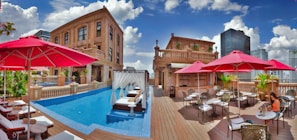 A luxurious poolside lounge with stylish decor.