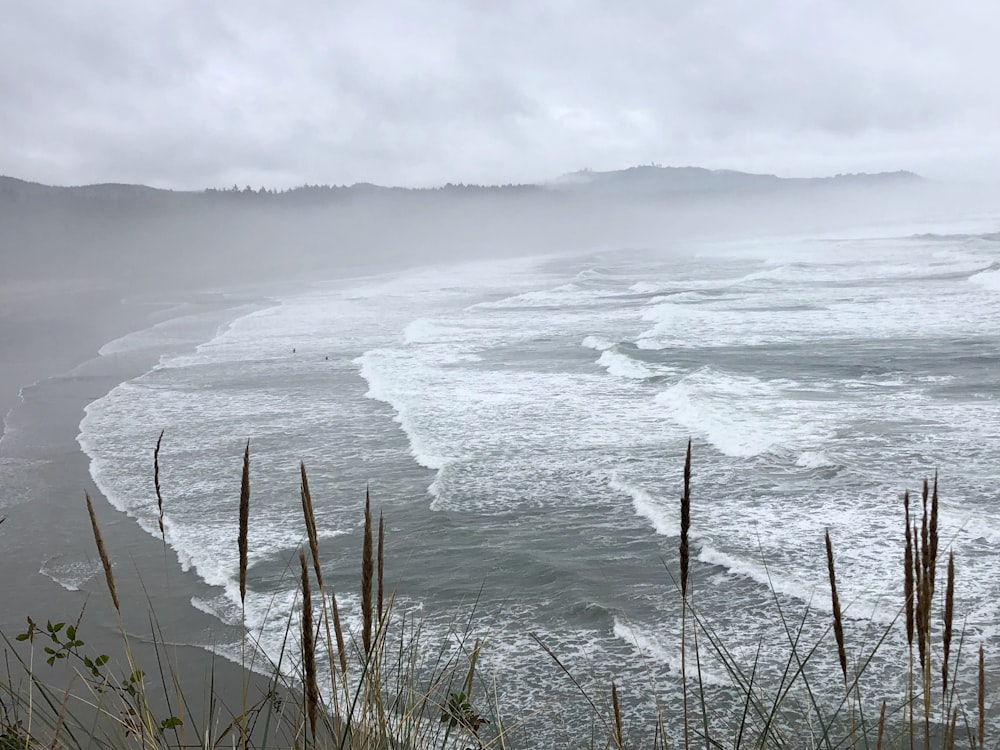 a beach with waves crashing