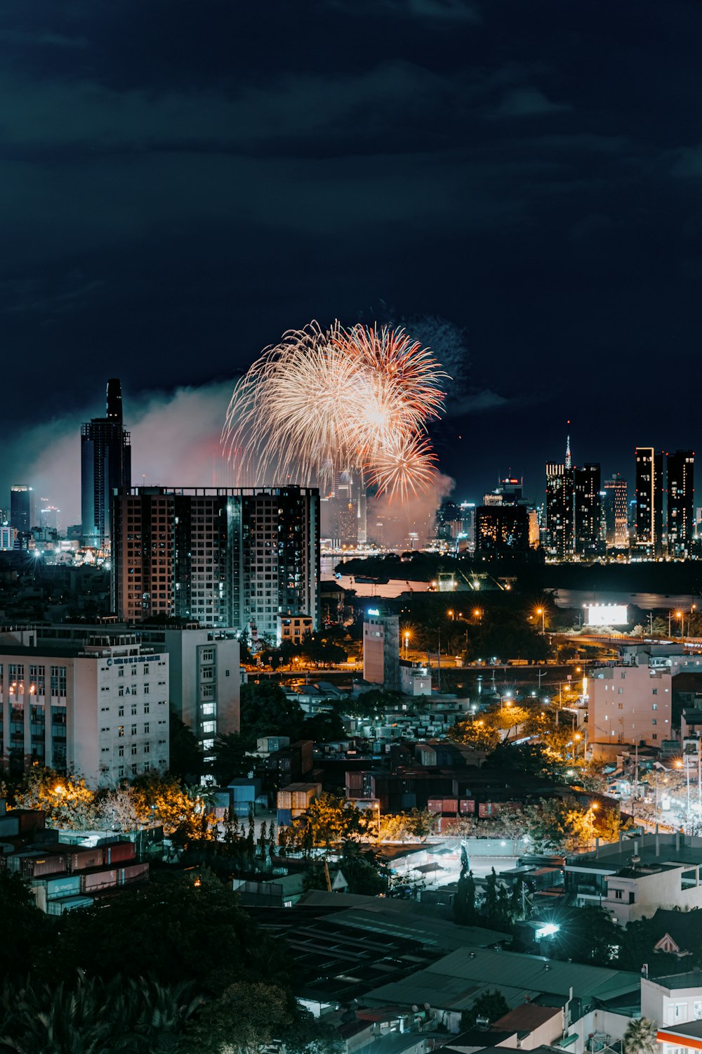 fireworks in the sky over a city