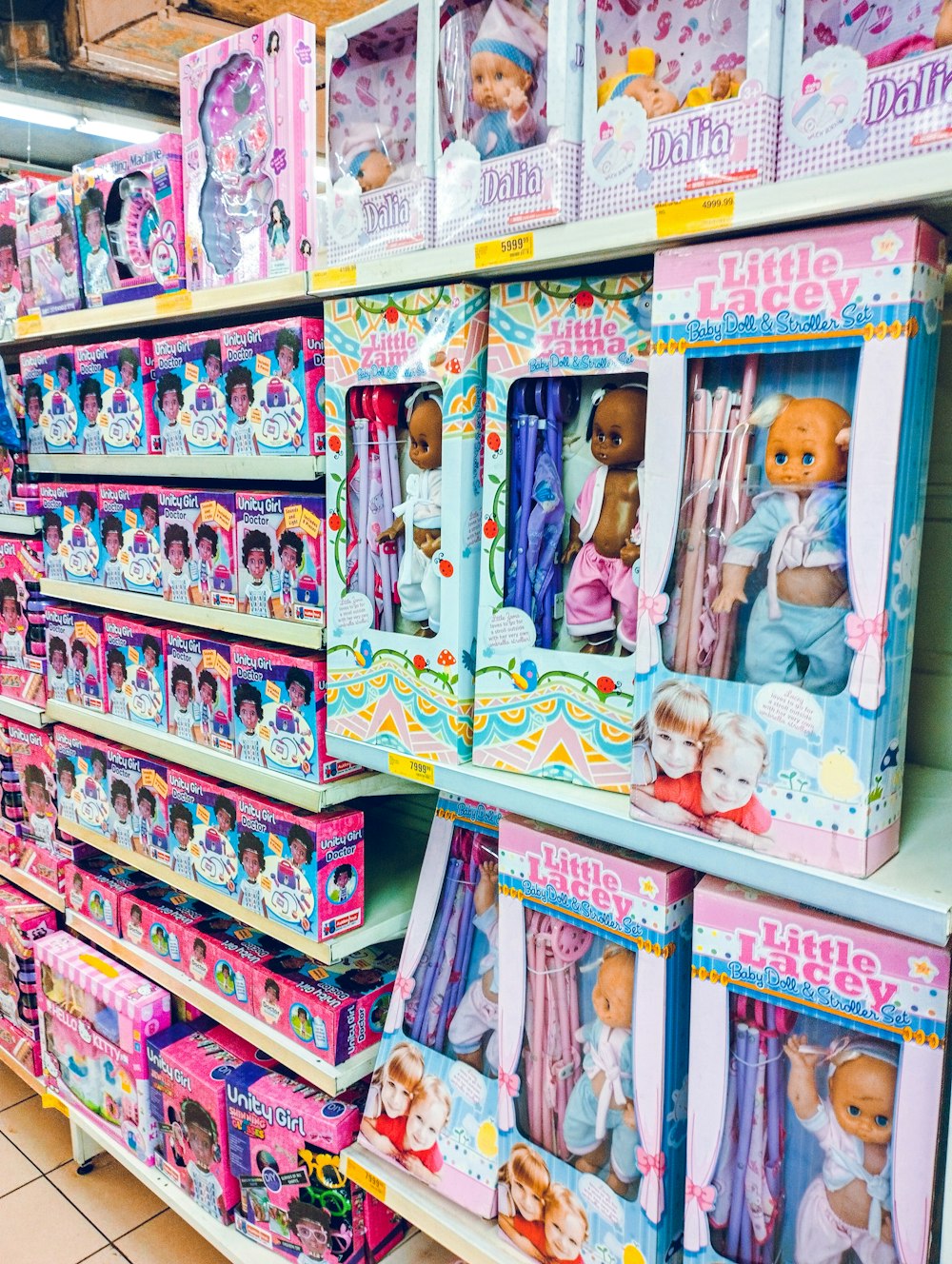 a shelf of toys