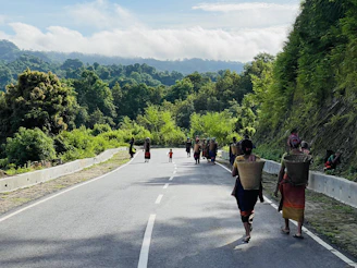 A vibrant group of travelers walking through lush coffee plantations in the Sierra Nevada.