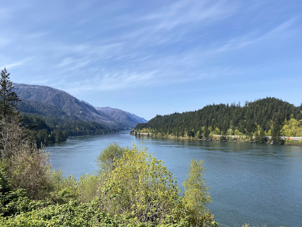 a lake surrounded by trees and mountains