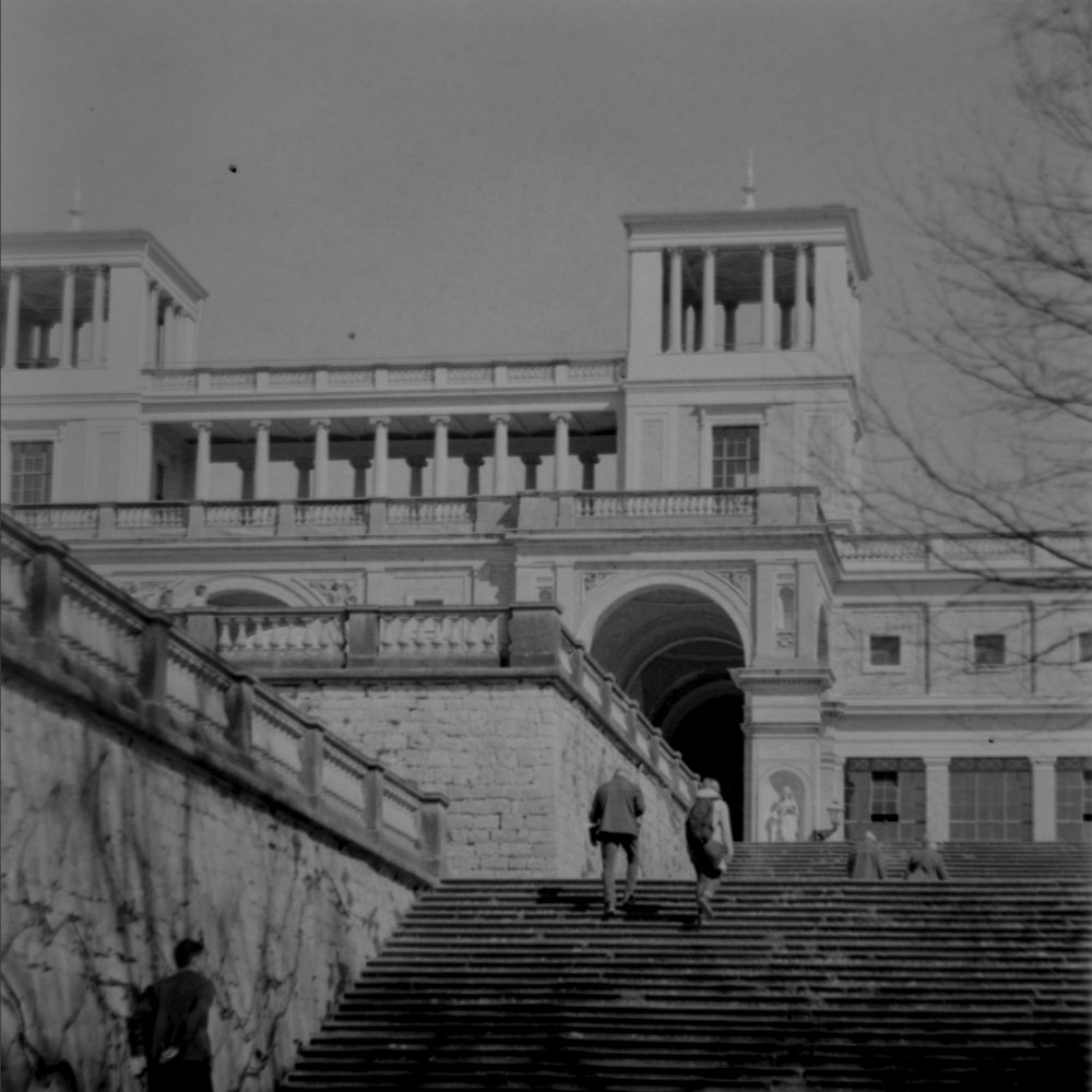 a group of people walking up stairs to a building
