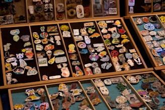 a shelf with many game pieces on it