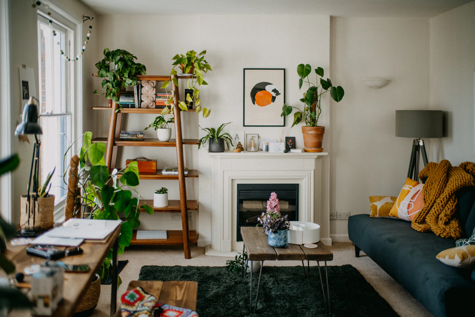 A furnished sitting room with armchairs and a fireplace