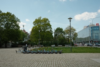 A row of electric scooters is lined up on a paved area near a park, with lush green trees providing a backdrop. In the distance, a modern glass building contrasts with the natural setting. A few pedestrians are visible, enjoying the open space under a clear sky with scattered clouds.