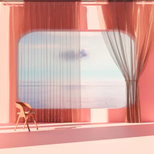 Interior of a minimalist, bright guest room with ocean views and simple decor