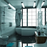a bathroom with a bathtub and toilet