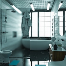 A modern bathroom with a minimalist design featuring a large bathtub, a shower area with a robe hanging nearby, and a toilet. The room has a sleek, reflective black floor and tall windows allowing natural light. A vanity with a sink, mirror, and small plant can also be seen.