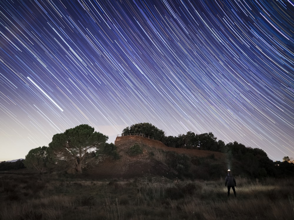 a person walking on a hill with trees and stars in the sky