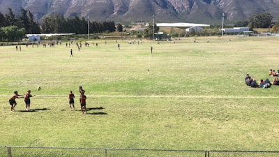 A large open grassy field surrounded by trees and mountains, featuring numerous people engaged in various activities. In the foreground, a group of children are playing with a ball, while others are gathered in groups or walking around in the distance. The scene conveys a sense of community and outdoor recreation.