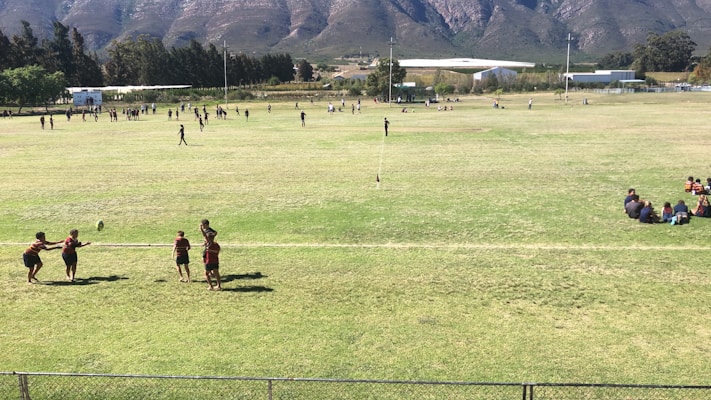 A large open grassy field surrounded by trees and mountains, featuring numerous people engaged in various activities. In the foreground, a group of children are playing with a ball, while others are gathered in groups or walking around in the distance. The scene conveys a sense of community and outdoor recreation.