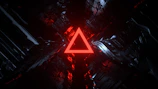 A glowing neon grid floor fading into darkness with a rotating 3D text above.