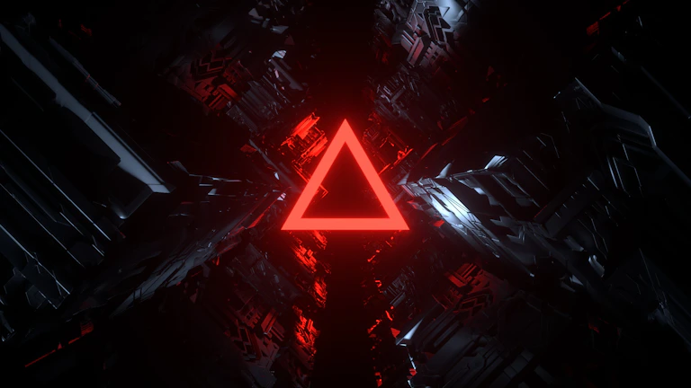 A glowing neon grid floor fading into darkness with a rotating 3D text above.