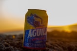 A can of Aguila beer is positioned on a rocky surface during a sunset. The eagle logo and branding are prominently displayed, with warm sunlight creating a golden glow in the background.
