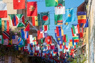 a street with many flags from different countries and cultures hanging across - translation insights