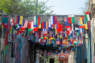 a wall with a bunch of flags