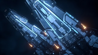 Vista aérea de complexo tecnológico futurista com corredores iluminados e plataformas metálicas.