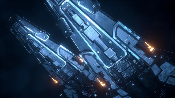 An intense dogfight scene with sleek spacecraft exchanging laser blasts near a glowing nebula.