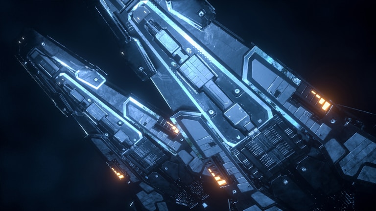 A futuristic spacecraft with intricate details and angular designs, featuring illuminated sections and control panels. The craft is set against a dark, cloudy background, giving a sense of deep space.