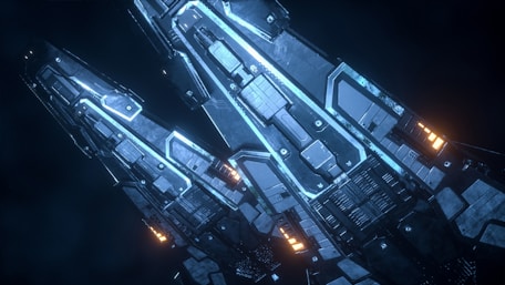 A detailed spaceship engaged in a dramatic space battle with laser fire and distant planets.