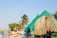 A tropical beach scene with straw-thatched umbrellas and people enjoying the shore. A palm tree sways in the breeze next to a hut constructed of natural materials. Various people can be seen relaxing on the sand and engaging in beach activities.