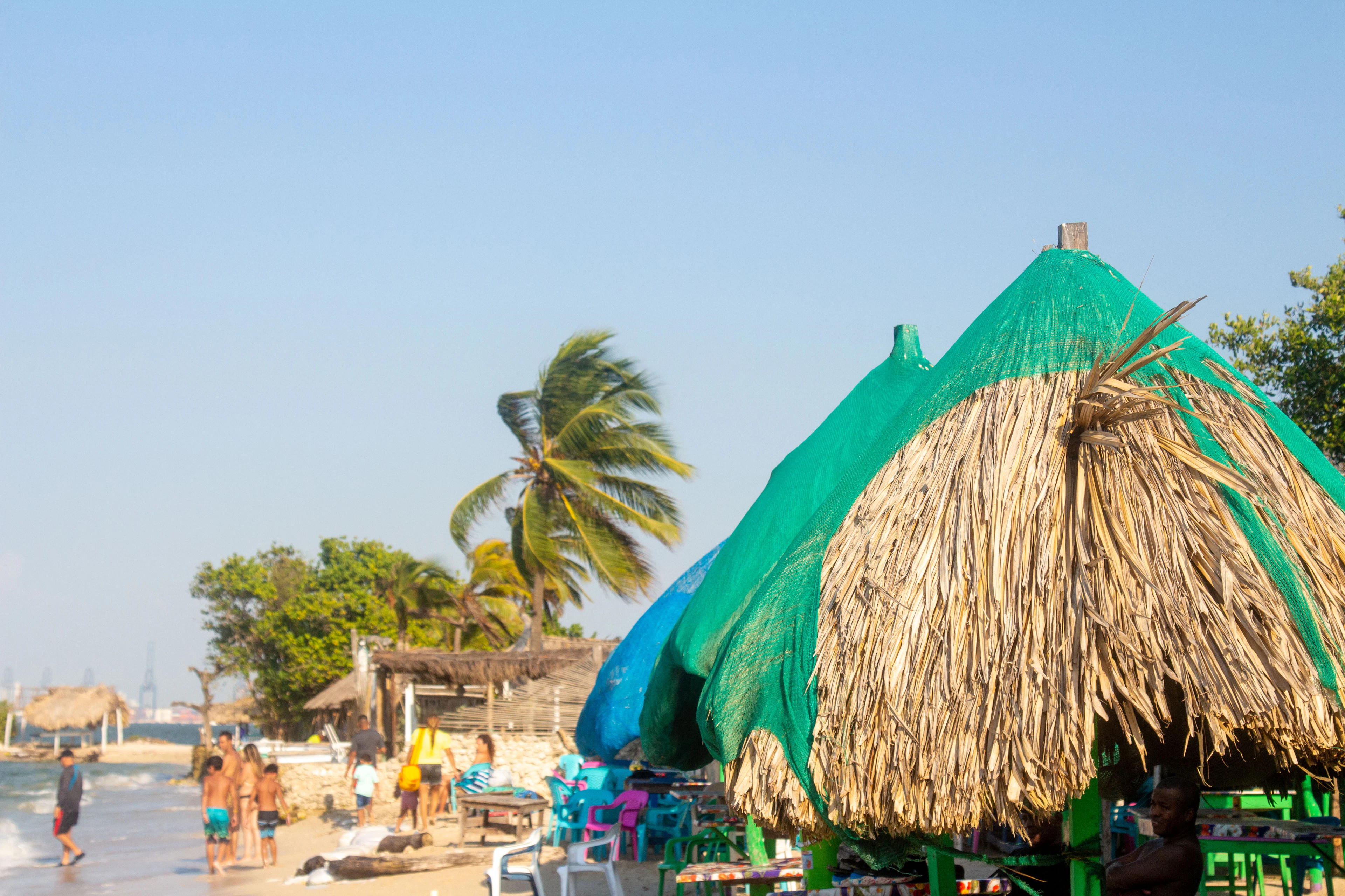 Thatched beach umbrellas and a leaning palm tree line a sandy Caribbean beach near Cartagena.