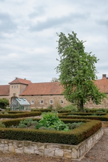A well-maintained garden with neatly trimmed hedges and lush green plants, set against a backdrop of a large stone building with a red-tiled roof. A tall tree stands prominently next to the building, and there is a small greenhouse visible among the garden beds. The sky is overcast with gray clouds.