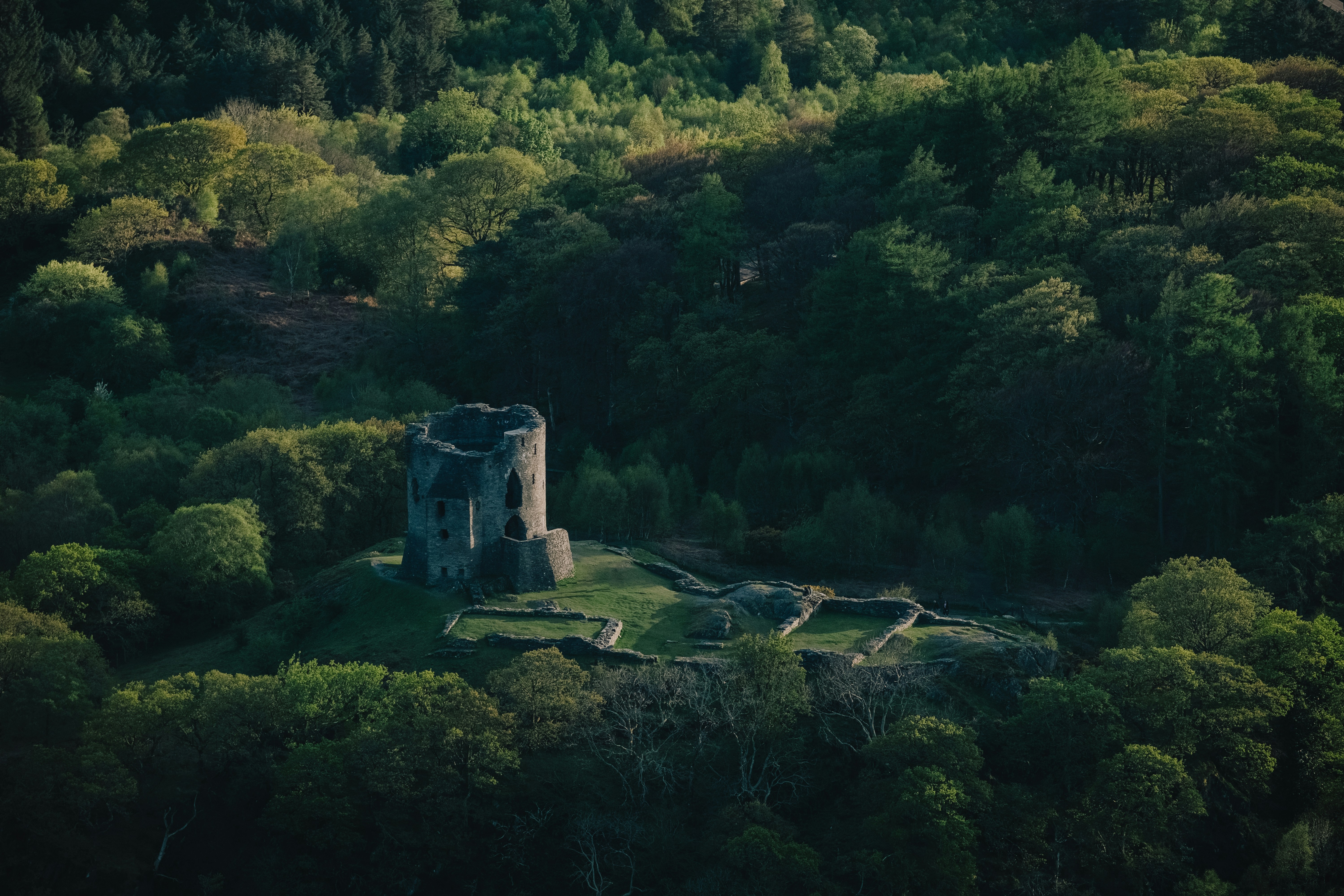 a stone structure surrounded by trees