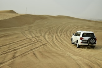 a white car driving through a desert