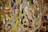 A vibrant abstract painting with various bold brushstrokes and textures. The canvas is covered with dynamic splashes of color, including yellow, blue, red, and white, creating an energetic and chaotic pattern.