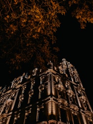 Close-up of intricate facade details on a fantasy-inspired building illuminated at night.