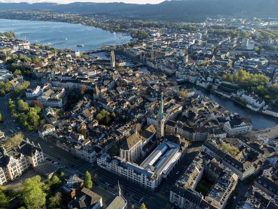 Aerial view across Zurich's old town and lake